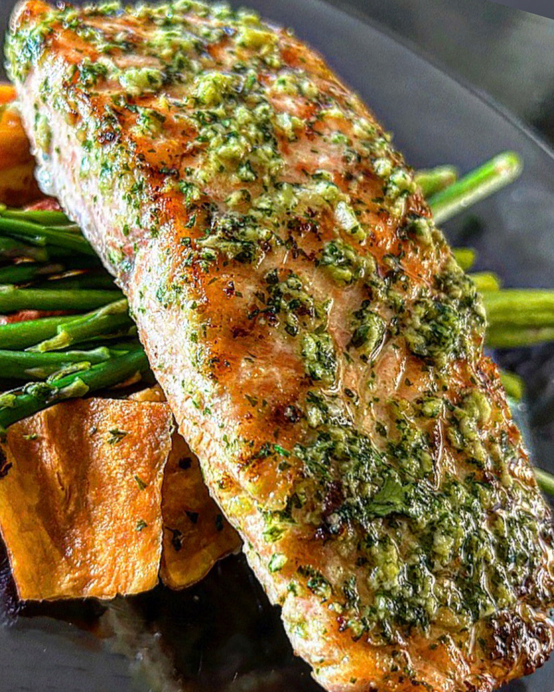 Chimmichurri Grilled Salmon w/ Roasted Sweet Potatoes w/ Baked Asparagus