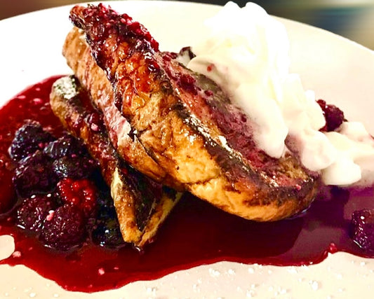 French Toast topped  w/ Port wine Blueberry,Strawberry Glaze