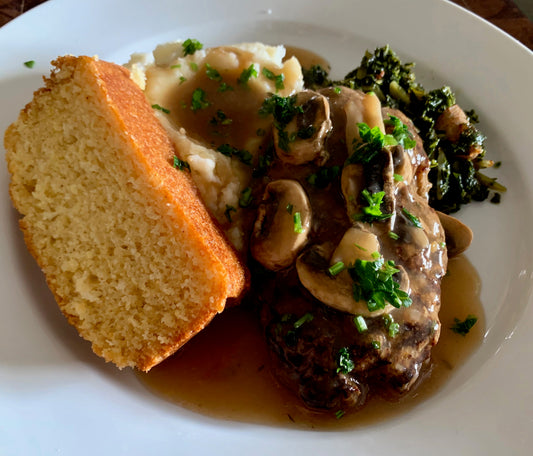 Salisbury Steak w/ Butter Garlic Mashed Potatoes w/ Cornbread